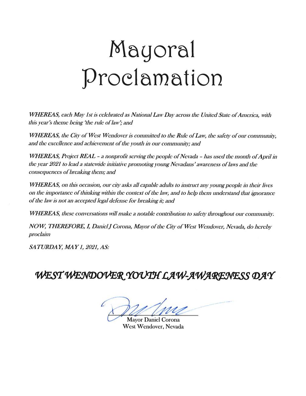 Mayoral Proclamation - Youth Law Awareness Day - May1