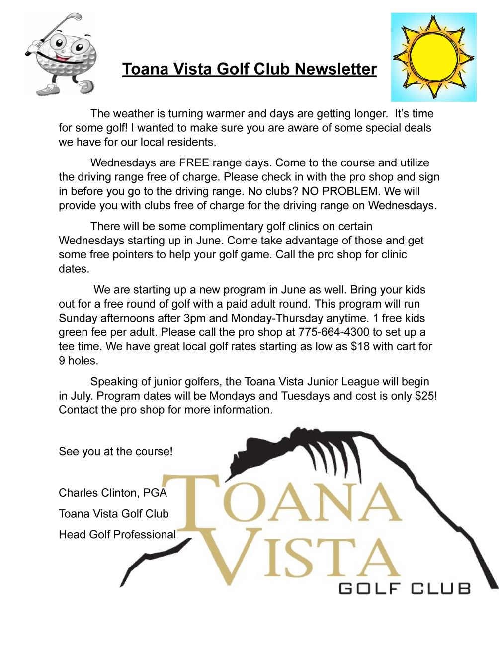 Toana Vista Golf Club Newsletter May