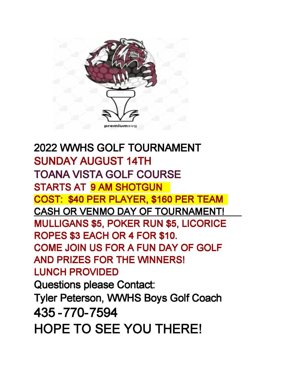 WWHS GOLF TOURNAMENT FUNDRAISER 2022