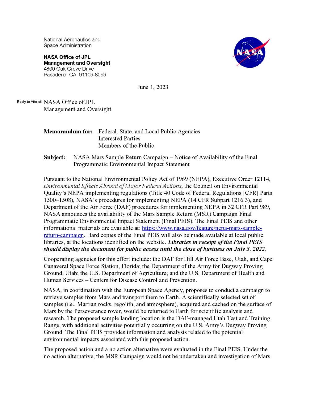 NASA Mars Sample Return_FPEIS Notification_Page_1