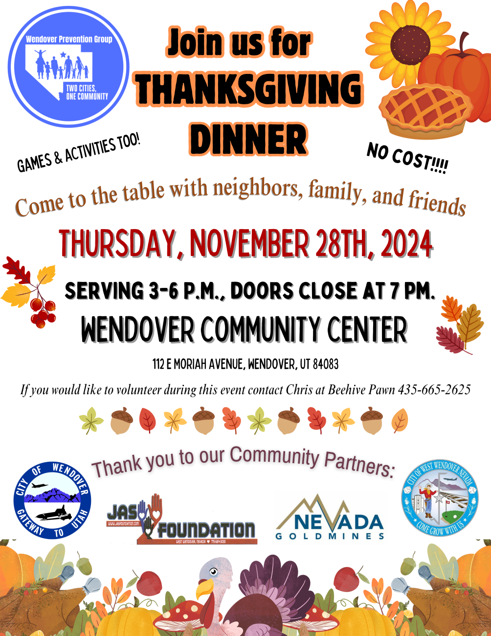 Wendover Prevention Group - Thanksgiving Dinner (No Cost) - November 28th